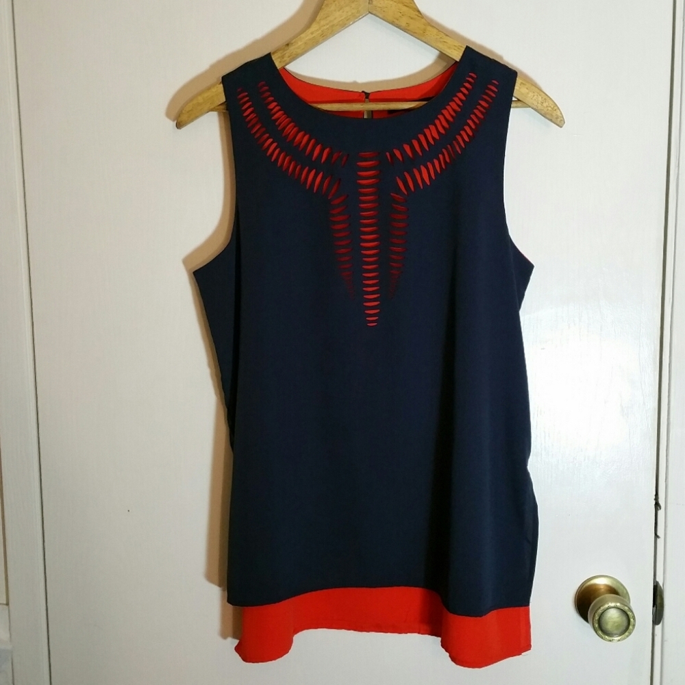 jennifer & grace layered navy and bright orange cutout sleeveless tank blouse